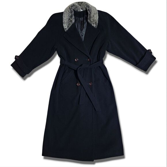 Klass Cashmere Wool Black Faux Fur Trim Long Button-Up Winter Trench Coat - Picture 1 of 10